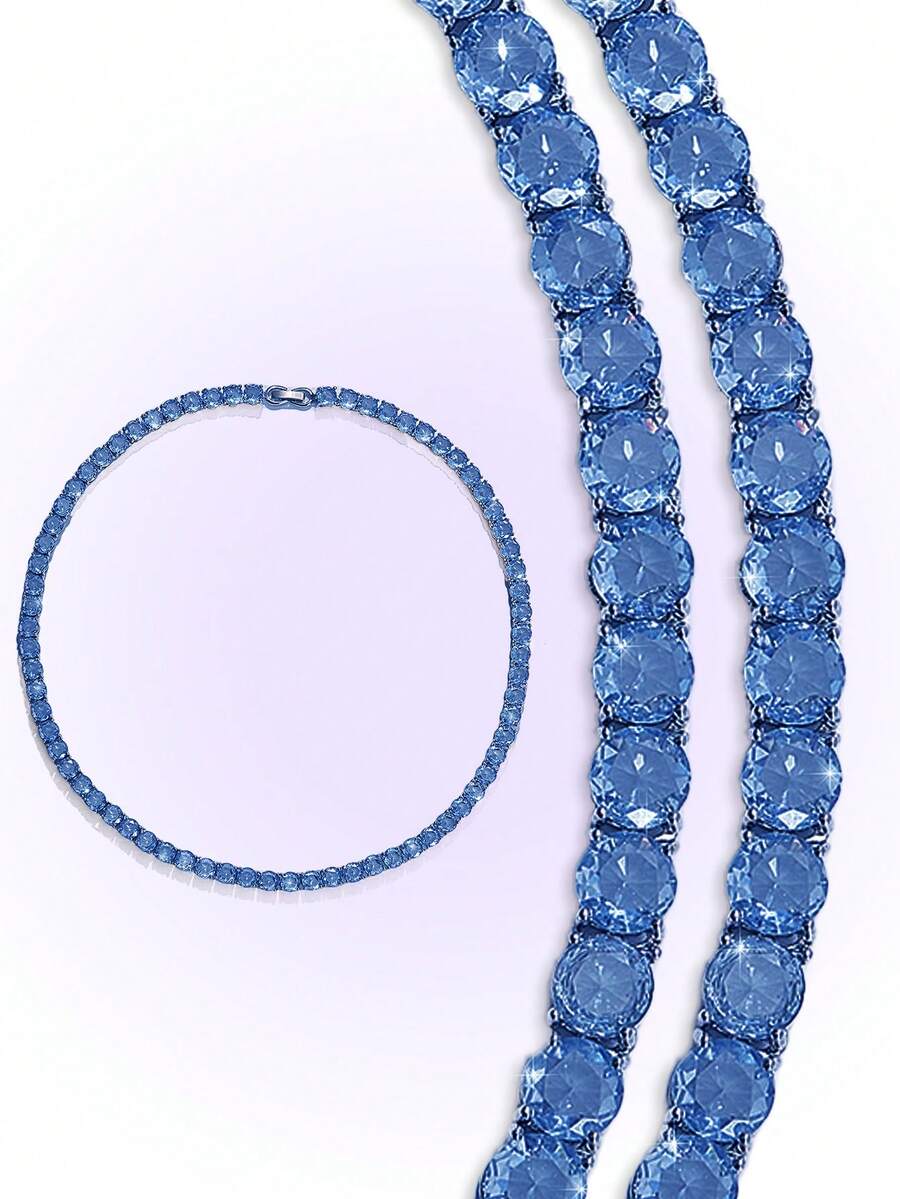 Popjeli Women's Blue Tennis Chain Necklace Full Round Sparkling Adjustable Necklace For Party Daily Jewelry - Blue tennis chain necklace - View 1