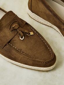 Styleloop Metal Buckle Tassel Straw Woven Bottom Square Round Toe Flat Bottom Loafers, Retro Dark Coffee Imitation Suede Slouchy Slip-On Casual Fisherman - Coffee Brown - View 4