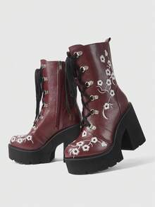 ROMWE Fairycore Women's Thick-Soled Thick-Heeled Medium-Heeled Boots, Punk-Style Gothic Street-Style Embroidered Thread-Patterned Strap-On Side Zipper Thick-Soled Boo - Burgundy - View 6