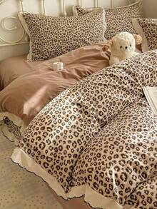 Cirelle 3pcs Leopard Print Duvet Cover Set, Ultra Soft Microfiber Reversible Bedding Set With Ruffle Lace Border, Animal Print Comforter Cover With 2 Shams (No Insert) - caramel leopard print - View 5
