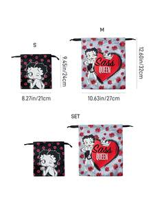 Betty Boop x SHEIN 海洋卡通緞面抽繩收納袋，單件或組合販售，柔軟光滑布料，防塵抽繩設計，適合旅行衣物與盥洗用品收納 - 黑紅色 - 查看 7