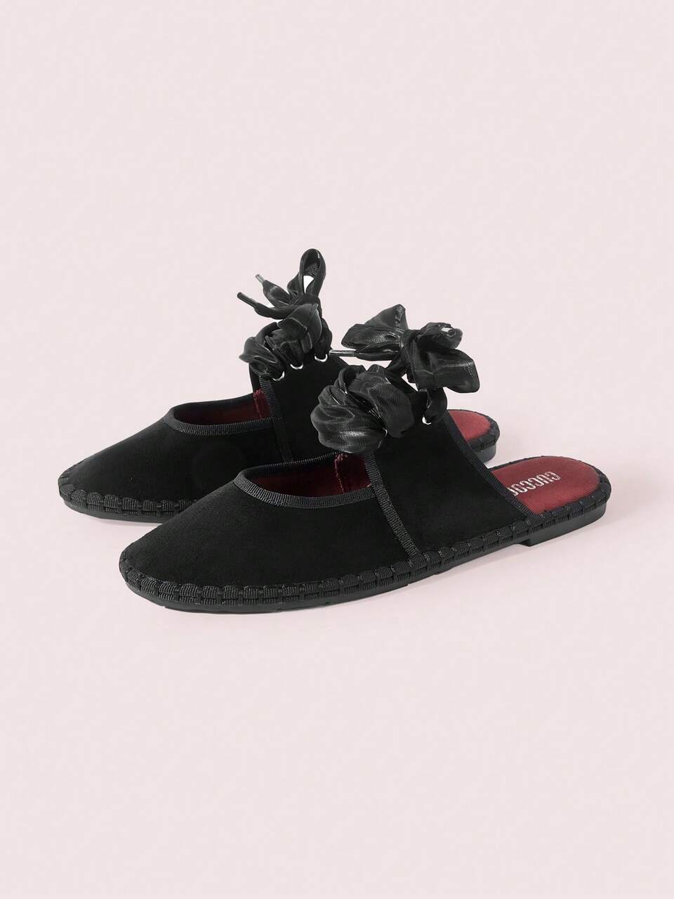 CUCCOO DOLLMOD Women's Shoes Round Toe Black Suede Ballet Style Strap Bow Cute Flat Shoes