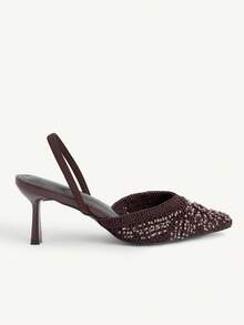 CUCCOO CHICEST 女款時尚優雅刺繡編織手工縫製珠飾水鑽裝飾彈性後背帶V領尖頭細高跟中高跟鞋 浪漫性感透氣舒適 適合約會聖誕節 - 巧克力棕 - 查看 3