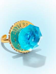 Popjeli Large Octagonal Cut Open Ring, Gilt Lettering Heavy Industry Wide Face Y2K Spice Girl Ring - Gold - Blue - View 3