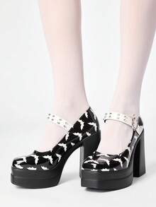 ROMWE Grunge Punk Fashion Women's Platform High-Heeled Shoes, Punk Gothic, Bat Buckle Rivet Inlay, Shoe Body Bat Pattern, Classic Sexy Adaptation To Parties Fall Shoes - Black - View 3