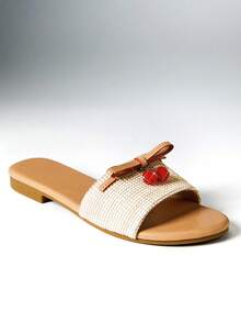 SHEIN Solezae Women Cherry Fruit Decor Slip-On Open Toe Everyday Summer Dreamy Cute Raffia PU Flat Sandals Valentine's Day Summer Shoes - Beige - View 5