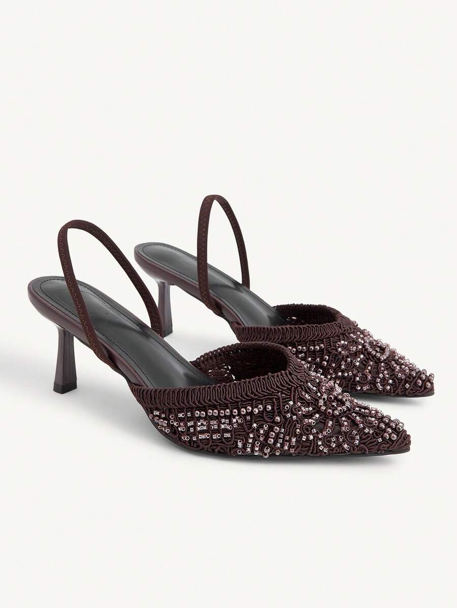 CUCCOO CHICEST 女款時尚優雅刺繡編織手工縫製珠飾水鑽裝飾彈性後背帶V領尖頭細高跟中高跟鞋 浪漫性感透氣舒適 適合約會聖誕節 - 巧克力棕 - 查看 1