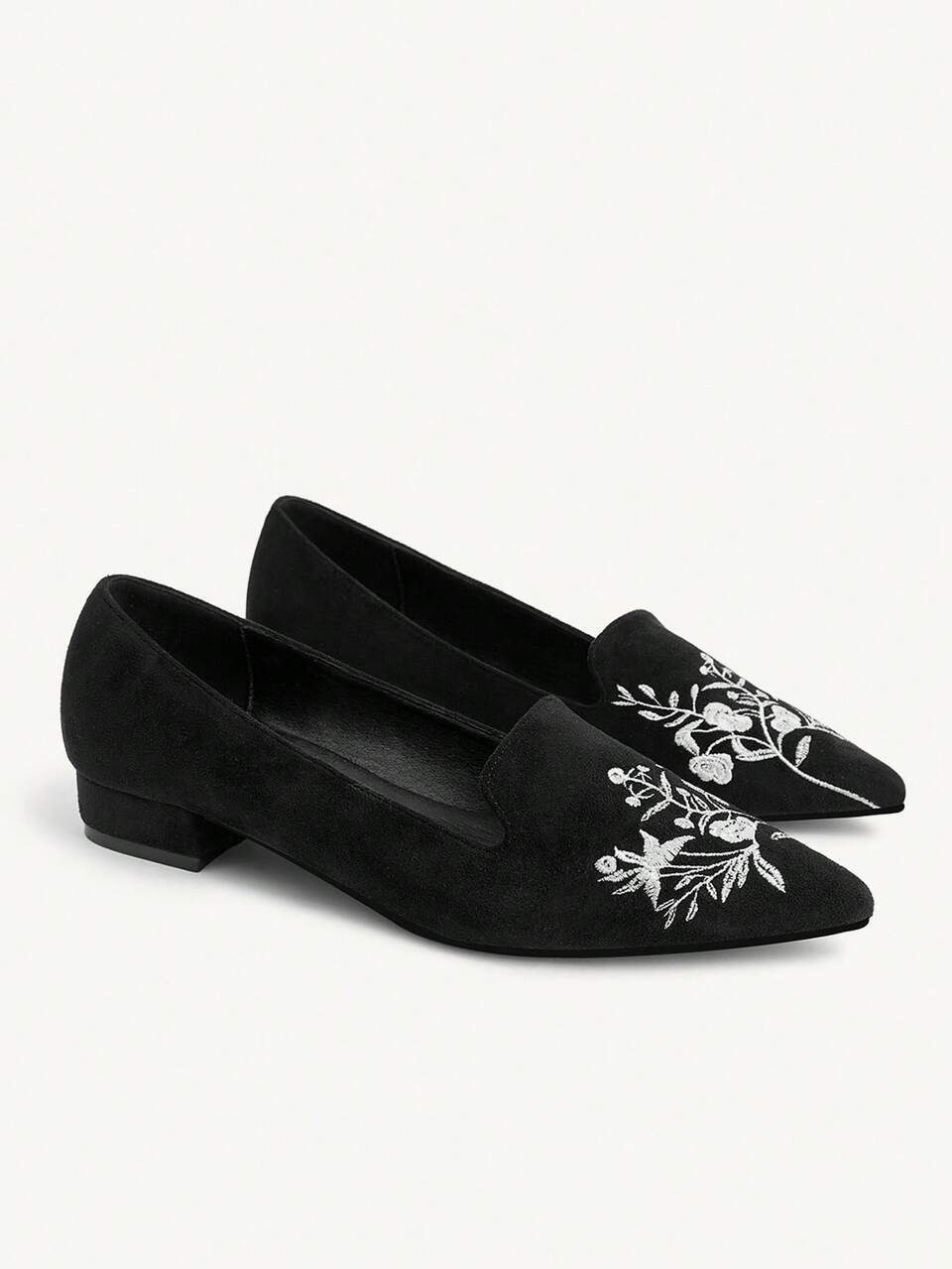 CUCCOO CHICEST Embroidery Pointed Mary Jane Shoes Low Heel Suede Low Vamp Shoes Commuting Gentle Temperament Flats Fashionable Versatile