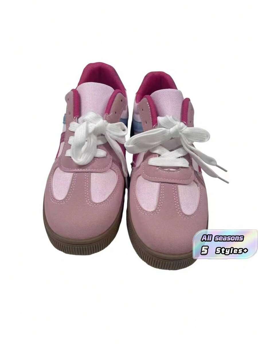 Round Toe Lace-Up Shoes For Women, Versatile Lace Up Flat Sneakers, Low Top Athletic Shoes - Pink - View 1