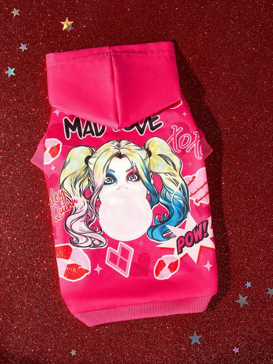 Harley Quinn X SHEIN 1件可愛嘴唇與愛心印花寵物連帽上衣,貓狗適用休閒運動衛衣,多尺寸 - 玫粉 - 查看 1