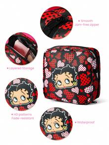 Betty Boop x SHEIN Vintage Heart Print All-Purpose Zipper Pouch, Multi-Use For Personal Care, Cosmetics, Tech Accessories, Portable Design - Black red - View 3