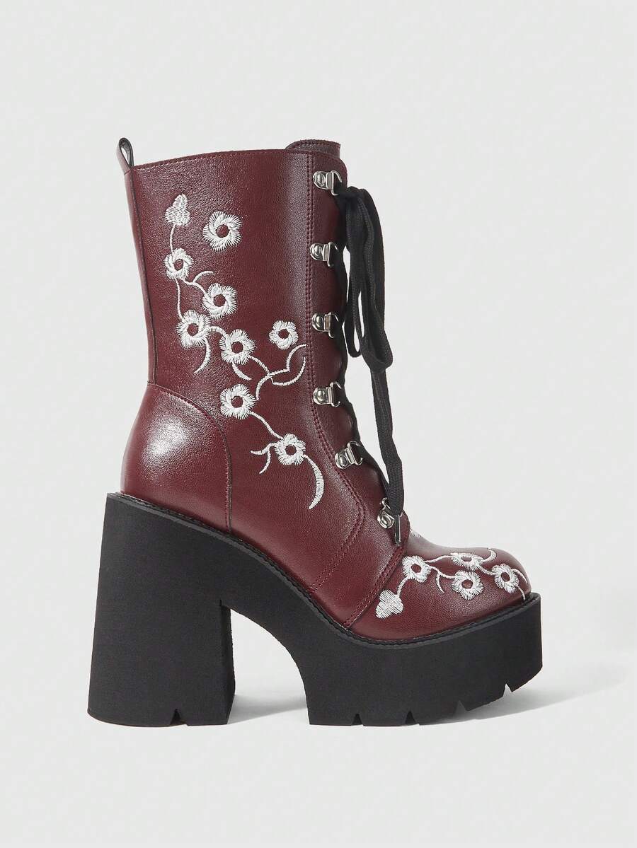 ROMWE Fairycore Women's Thick-Soled Thick-Heeled Medium-Heeled Boots, Punk-Style Gothic Street-Style Embroidered Thread-Patterned Strap-On Side Zipper Thick-Soled Boo - Burgundy - View 1