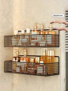 1/2Pcs Wrought Iron Bathroom Storage Rack Wall Mounted No Drilling Space Saving Cosmetics Kitchen Organizer Perforation Free Hanging Shelf Sturdy Rustproof Multi Functional Home Essentials Bathroom Accessories Kitchen Storage - Black - View 14