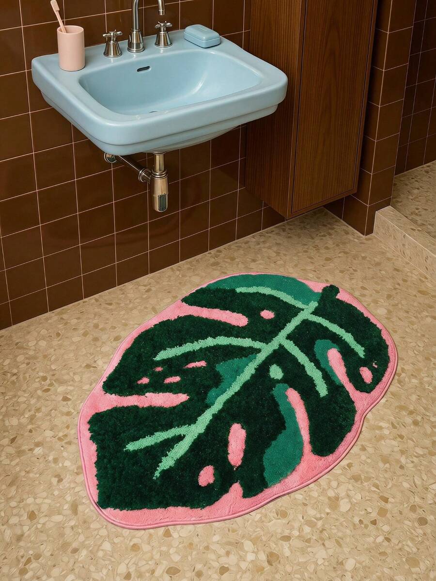 Joivida Tropical Leaf Shaped Rug Made With Non-Slip Backing. It Absorbs Water Quickly To Keep Floors Dry, And Fits Nicely In Bathrooms, Entryways, Bedrooms And Living Spaces To Add Natural Green Decorative Vibes. - multicolor - View 1