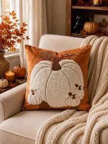 Cirelle 1pc/2pcs Fall Harvest Faux Rabbit Fur White Pumpkin Throw Pillow Covers, Multi‑Pumpkin & Maple Leaf Embroidery Applique Square Cushion Cases, Vintage Rustic Farmhouse Thanksgiving Decor For Sofa Bedroom Couch, Pillow Insert Not Included - White velvet size pumpkin caramel color - View 1