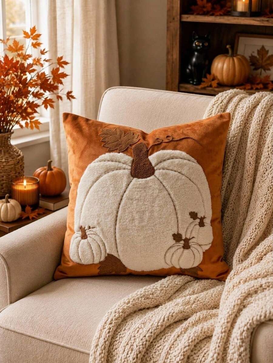 Cirelle 1pc/2pcs Fall Harvest Faux Rabbit Fur White Pumpkin Throw Pillow Covers, Multi‑Pumpkin & Maple Leaf Embroidery Applique Square Cushion Cases, Vintage Rustic Farmhouse Thanksgiving Decor For Sofa Bedroom Couch, Pillow Insert Not Included - White velvet size pumpkin caramel color - View 1