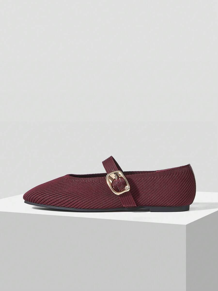 MOTF PREMIUM WOMEN SQUARE TOE BUCKLE STRAP FLATS FOR CHRISTMAS - Burgundy - View 2