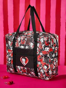 Betty Boop x SHEIN 1 Pc Cat & Mouse Cheese Themed Foldable Travel Tote Bag, Lightweight Polyester Luggage Sleeve Bag - Red black and white - View 2