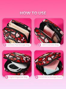 Betty Boop x SHEIN Vintage Heart Print All-Purpose Zipper Pouch, Multi-Use For Personal Care, Cosmetics, Tech Accessories, Portable Design - Black red - View 2