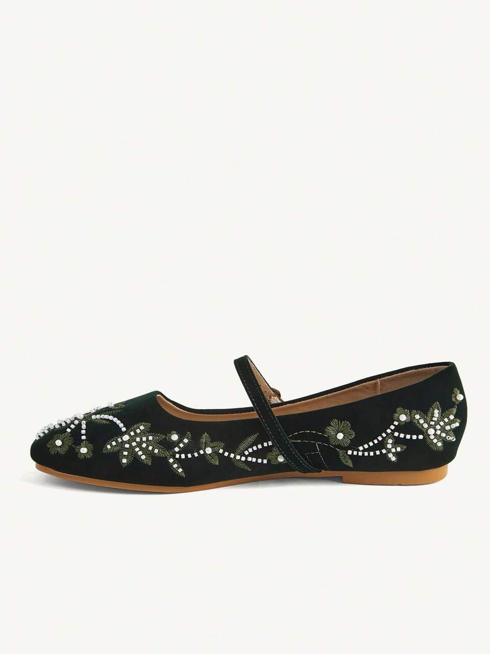 CUCCOO CHICEST New Square Toe Flat Bottom Army Green Embroidery Seam Pearl Women's Flat Bottom Shoes Fashionable, Elegant And Comfortable Breathable Mary Jane