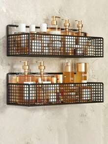 1/2Pcs Wrought Iron Bathroom Storage Rack Wall Mounted No Drilling Space Saving Cosmetics Kitchen Organizer Perforation Free Hanging Shelf Sturdy Rustproof Multi Functional Home Essentials Bathroom Accessories Kitchen Storage - Black - View 11