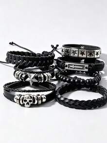 ROMWE 7 Pieces/Set Gothic Dark Retro Skeleton, Pentagram, Cross, Black Bead Bracelet, Punk Hip-Hop Men And Women Stacked Jewelry, Perfect Match For Holiday - Black 2 - View 2