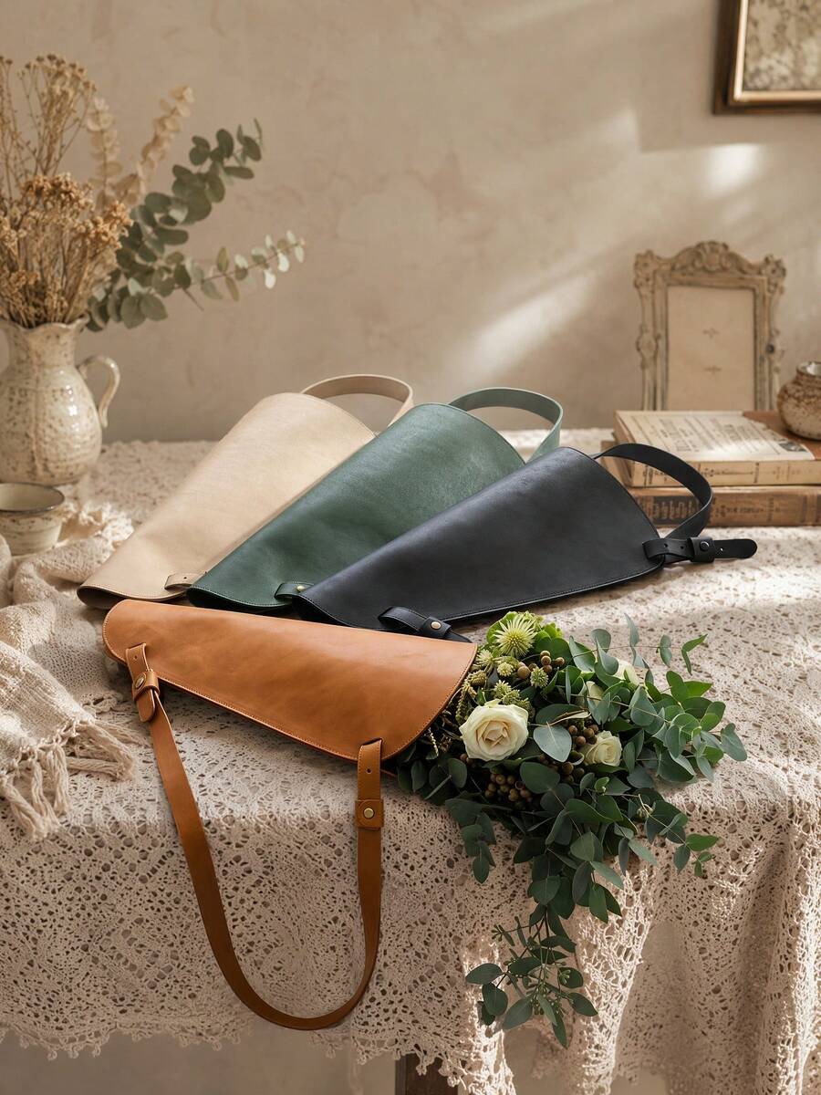 Cirelle 1Pc Adjustable Strap Leather Flower Storage Bag, Artificial Leather, Solid Tone Appearance, Bouquet Fixing And Handheld Carry Feature, Apply To Floral Shop Packing, Party Gift Sending And Travel Carrying, Gift Senders For Memorial Festival Usage - Multicolor - View 1