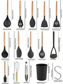Haus Hana Silicone Kitchenware 24-Piece Wooden Handle Kitchen Silicone Set Shovel Spoon With Storage Barrel Non-Stick Non-Slip Kitchen Cooking Tools Combination Home. - Black - View 9