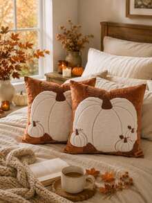 Cirelle 1pc/2pcs Fall Harvest Faux Rabbit Fur White Pumpkin Throw Pillow Covers, Multi‑Pumpkin & Maple Leaf Embroidery Applique Square Cushion Cases, Vintage Rustic Farmhouse Thanksgiving Decor For Sofa Bedroom Couch, Pillow Insert Not Included - White velvet size pumpkin caramel color - View 2
