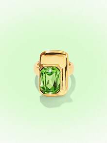 Popjeli Rectangle Open Ring, Glossy Gold Thick Wide-Sided Retro Dinner Ring - Gold - Green Diamond - View 4