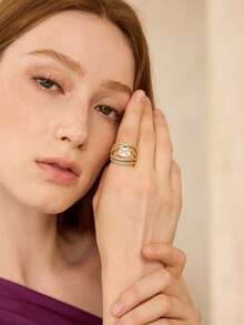 MOTF PREMIUM Multi-Layer Full Set Diamond Square Main Stone Ring, Heavy Industry Wide Version Gold-Plated Banquet Dress Open Ring - Gold - View 7