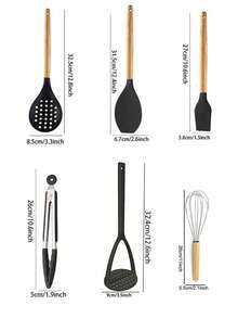 Haus Hana Silicone Kitchenware 24-Piece Wooden Handle Kitchen Silicone Set Shovel Spoon With Storage Barrel Non-Stick Non-Slip Kitchen Cooking Tools Combination Home. - Black - View 17