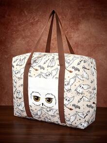 HARRY POTTER X SHEIN Print Foldable Large Travel Tote Bag, Front Zip Pocket. Foldable Design For Trips, Gym And Daily Luggage Storage - Light Khaki - View 2