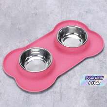 1pc Stainless Steel Double Bowl Anti-Spill Pet Feeder With Non-Skid Mat, For Dogs And Cats - Pink - View 1