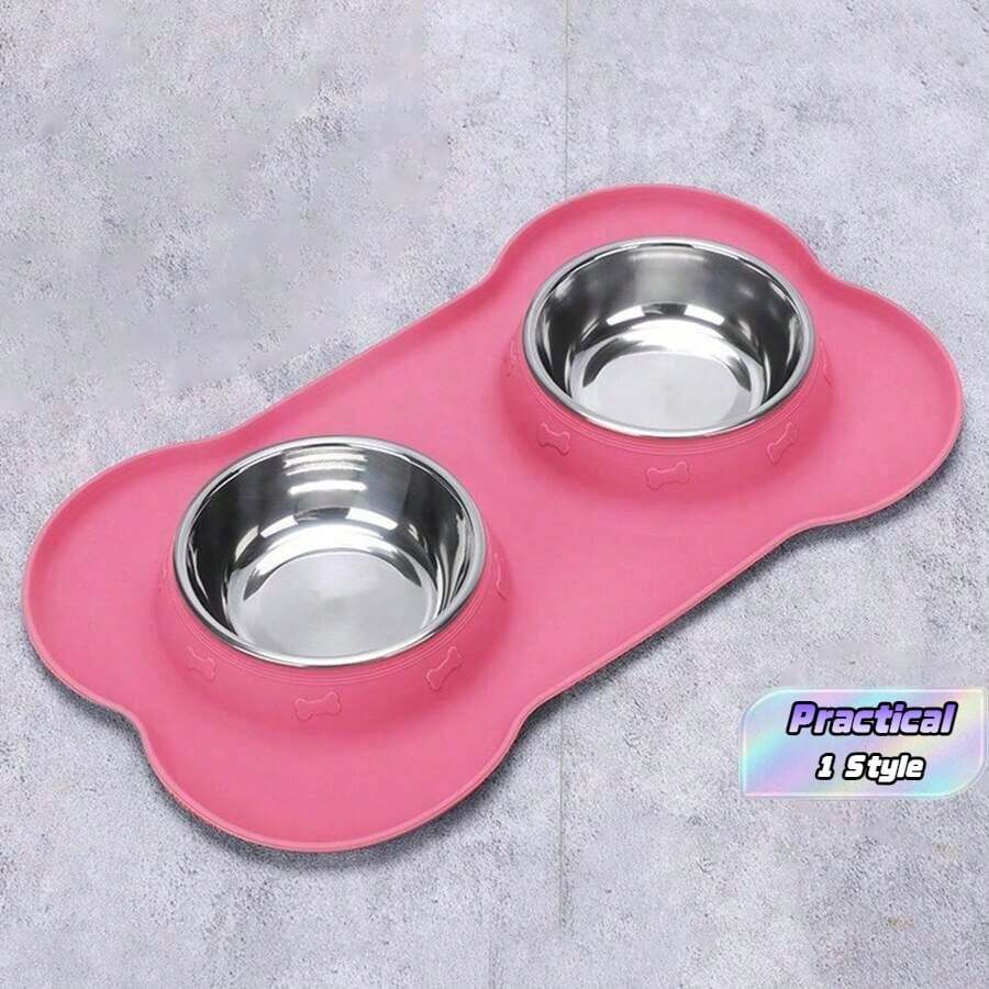 1pc Stainless Steel Double Bowl Anti-Spill Pet Feeder With Non-Skid Mat, For Dogs And Cats - Pink - View 1