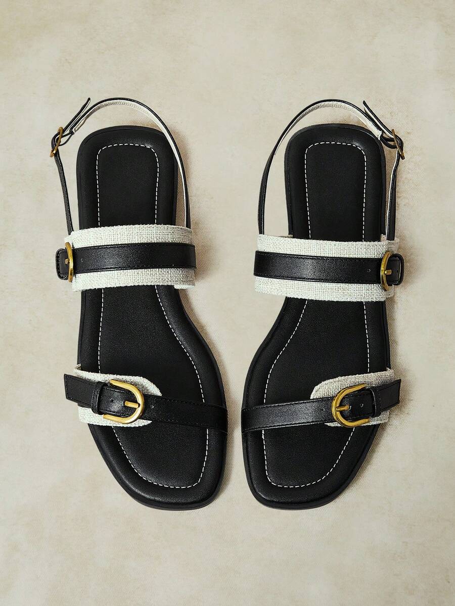 Styleloop 法式美拉德風雙金扣涼鞋 軟底防滑平底羅馬鞋 夏季穿搭百搭綁帶鞋 - 黑色 - 查看 1