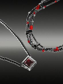 MortiRose Silver Stainless Steel Crystal Bead String Splicing Ruby Embellished Gothic Necklace - Dull Silver - View 2