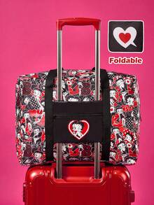 Betty Boop x SHEIN 1 Pc Cat & Mouse Cheese Themed Foldable Travel Tote Bag, Lightweight Polyester Luggage Sleeve Bag - Red black and white - View 1