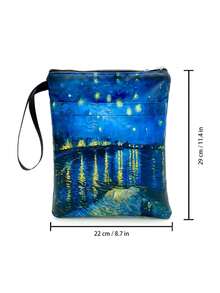 1PC Large Capacity Polyester Zipper Portable Handheld Van Gogh Starry Night Over The Rhone Oil Painting Print Art Design Book Bag Stationery Pouch Tote For School Office Travel Back To School Gift - multicolor - View 6
