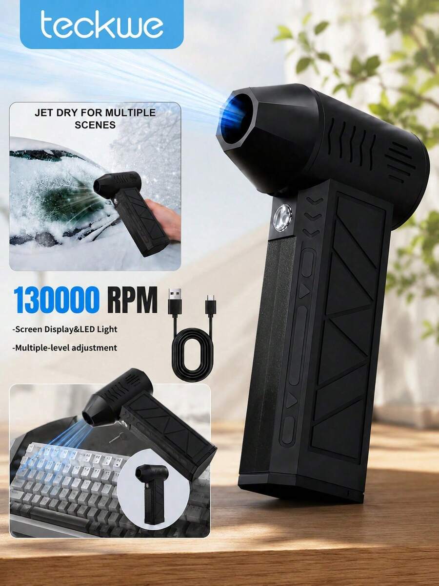Teckwe 1 Piece ABS High Toughness Shell 130000RPM Ultra High Speed Brushless Motor Violent Turbo Fan Adjustable Wind Speed Portable Rechargeable Mini Jet Fan Multifunctional For Outdoor Travel Camping Car Interior Computer Keyboard Dust Cleaning 2500mAh