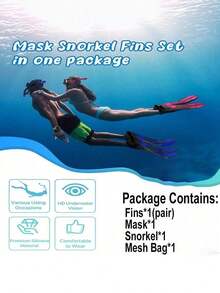 1Set Adult Full Face Snorkel Mask Set, Adjustable Diving Fins With Dry Snorkel & Travel Bag, Anti-Fog Anti-Leak Snorkeling Gear For Swimming Training - Multicolor - View 1