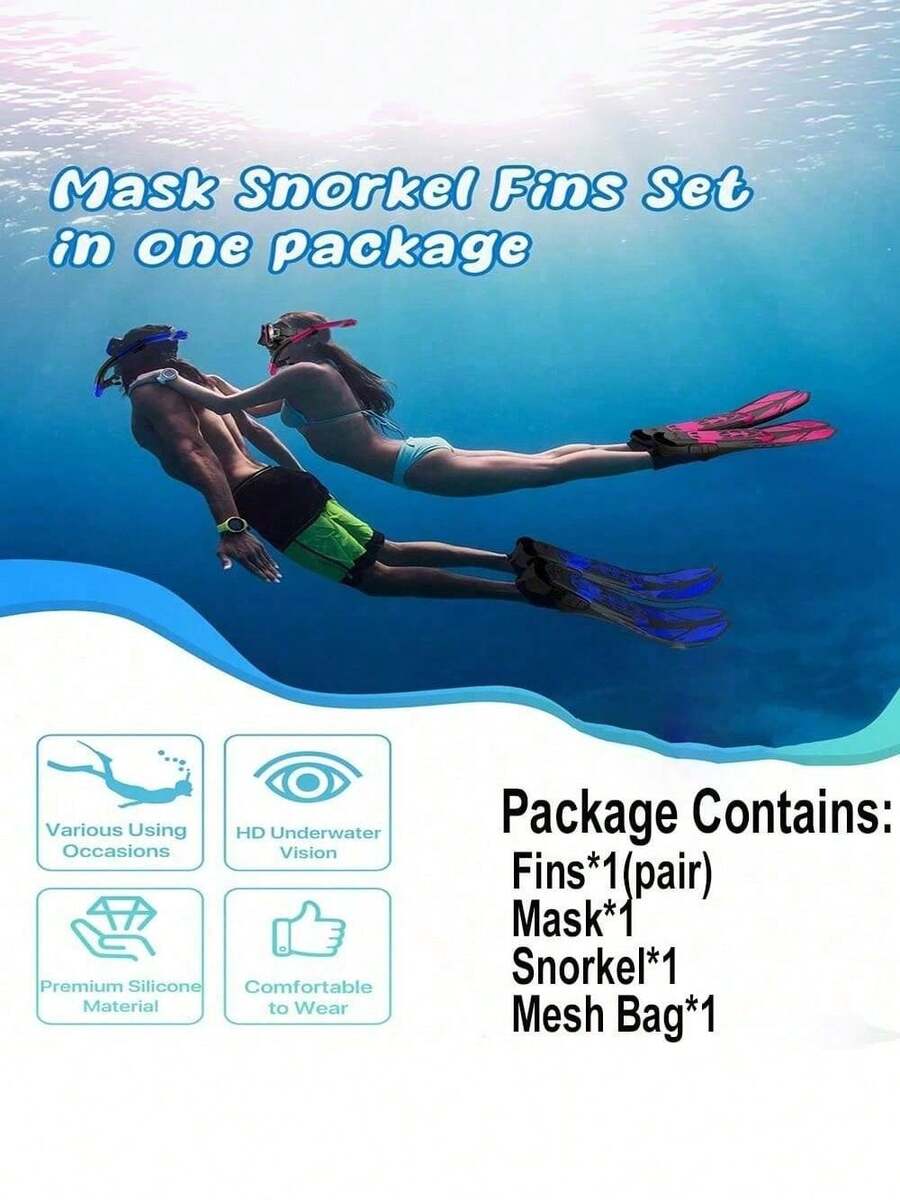 1Set Adult Full Face Snorkel Mask Set, Adjustable Diving Fins With Dry Snorkel & Travel Bag, Anti-Fog Anti-Leak Snorkeling Gear For Swimming Training - Multicolor - View 1