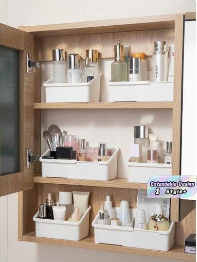 1 pieza Organizador de tocador ajustable, duradero y expandible que ahorra espacio para baño, cosméticos, lápices labiales, almohadillas de algodón, estante de almacenamiento, imprescindible