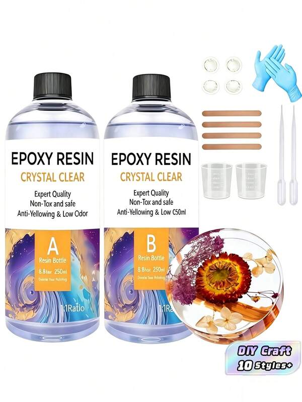 Kit de resina epoxi cristal de 500 ml - Kit de resina epoxi para encimeras - Resina epoxi para moldes de resina, encimeras, arte de resina, artesanía, fundición de joyas, bricolaje, tazas y decoración de artesanía de madera, mezcla simple en relación 1:1
