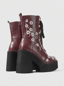 ROMWE Fairycore Women's Thick-Soled Thick-Heeled Medium-Heeled Boots, Punk-Style Gothic Street-Style Embroidered Thread-Patterned Strap-On Side Zipper Thick-Soled Boo - Burgundy - View 4