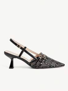 CUCCOO CHICEST Women's Floral Lace Slingback Heels, Pointed Toe Double Buckle Strap Stiletto Sandals, Elegant Mesh Backless High Heels For Wedding Date Party - Black - View 8