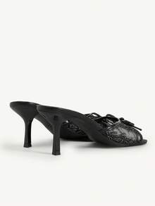 CUCCOO CHICEST 女款時尚性感方頭刺繡線條蕾絲網布蝴蝶結拖鞋，中高跟細直跟，淺A色 - 黑1金屬線網 - 查看 12