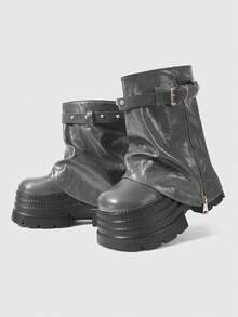 ROMWE Grunge Punk 女款深色搖滾龐克哥德風綁帶灰色皮革騎士靴 坡跟厚底機車靴 戶外登山靴 - 厚底灰色皮帶扣 - 查看 6
