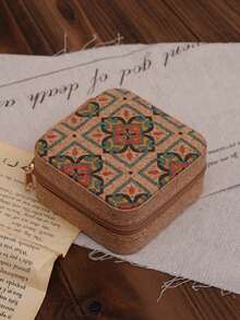 1PC Vintage Bohemian Square Print Jewelry Storage Box Organizer Case For Necklace Ring Bracelet Portable Travel Home Office Decor Daily Use Gift - Multicolor - View 2