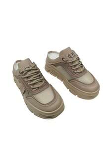 Sepasang Kaos Kaki Wanita Desain Jala, Sol Tebal, Model Platform, Sepatu Kasual Modern Multifungsi - Khaki - View 3